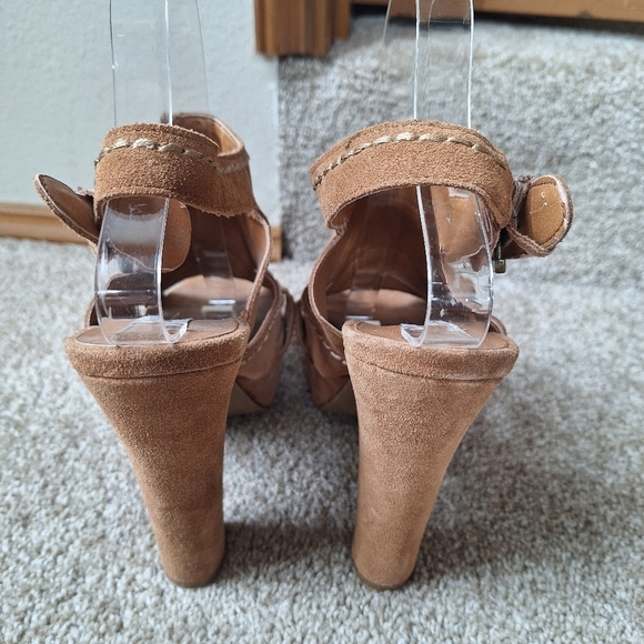 Steve Madden Ricki Boho Tan Suede Peep Toe Buckle High Heel Club Womens Size 9M - Picture 5 of 9